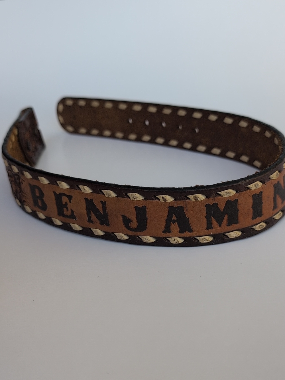 Hand-Tooled Brown Leather Child's Name Belt "Benjamin" 22 inch
